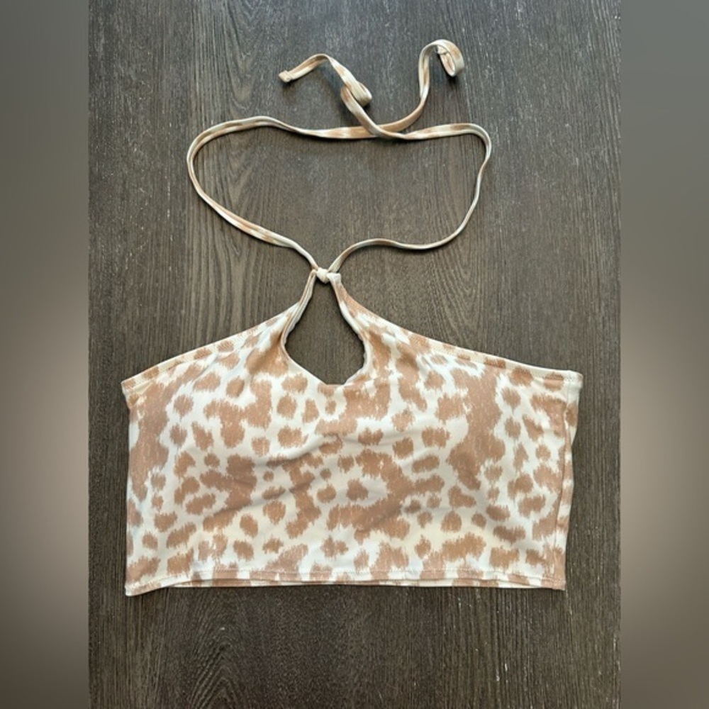 NWT AERIE TAN AND CREAM BANDEAU TIE NECK SWIM TOP - Size Large SKU:98